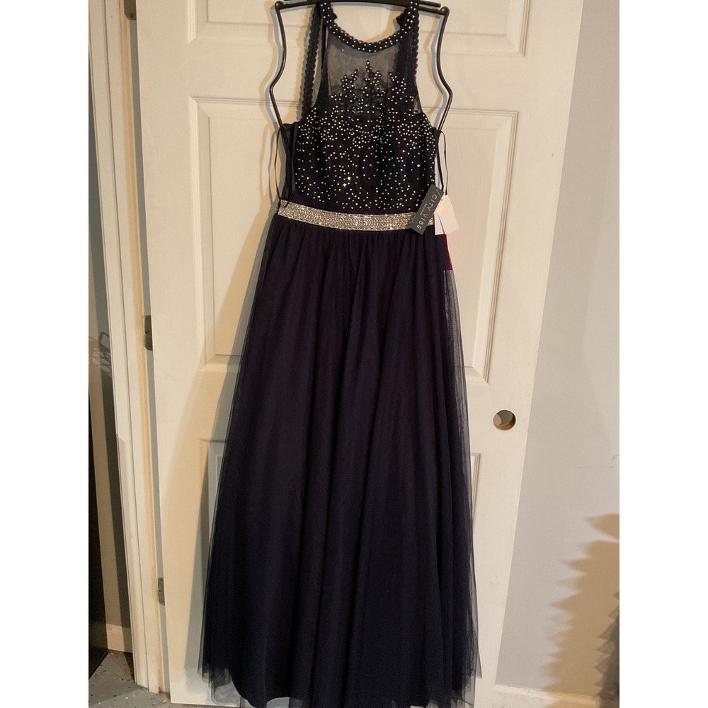 City Vibe Navy Blue Rhinestone Lace Tulle Formal Gown Prom Dress Women Size 3/4